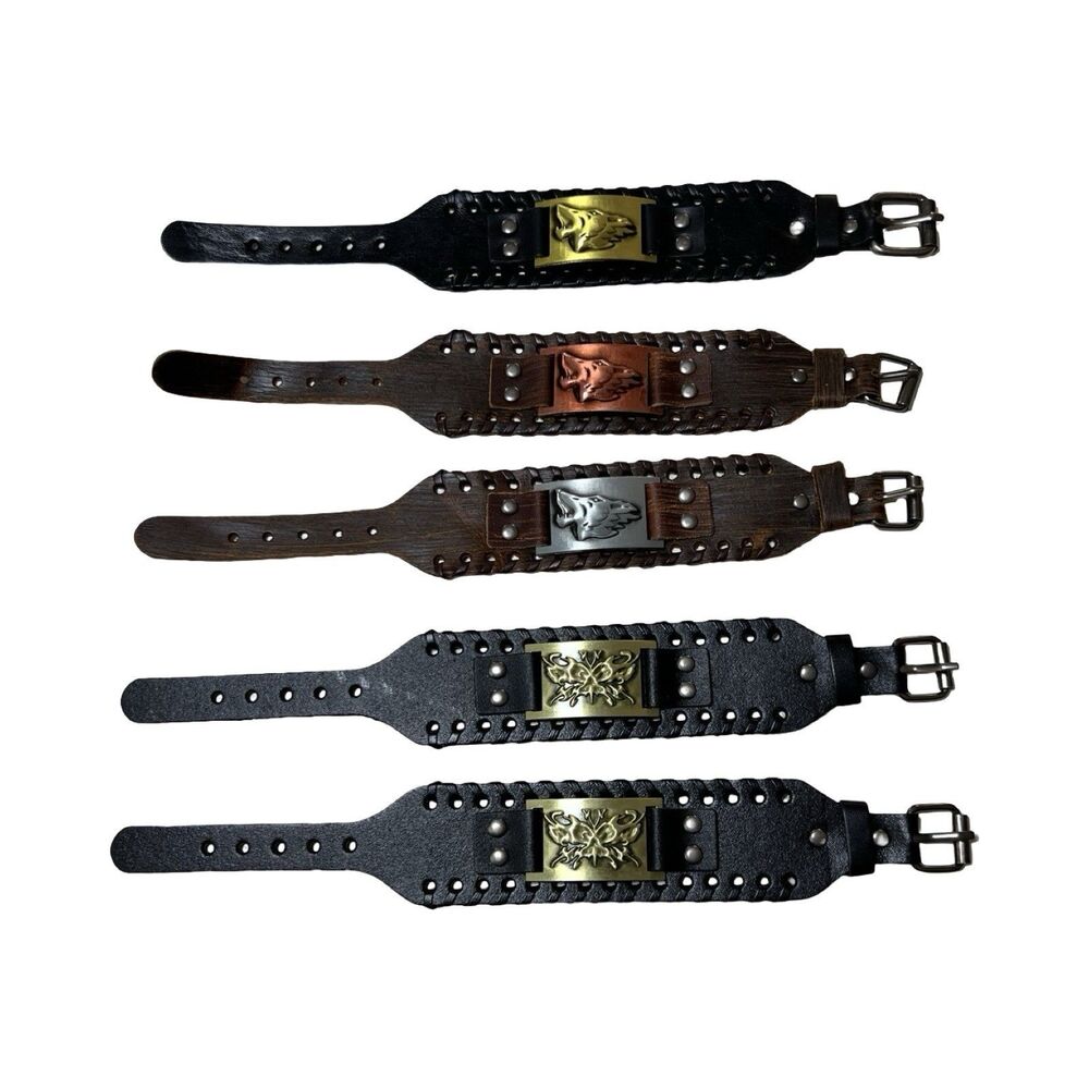 Gothic Punk Rock Wide Wolf Head Butterfly Bracelet Leather‎ Cuff Lot Of 5